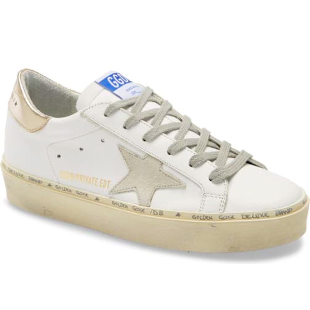 Golden Goose White Leather Sneakers with Beige Star and Gold Heel